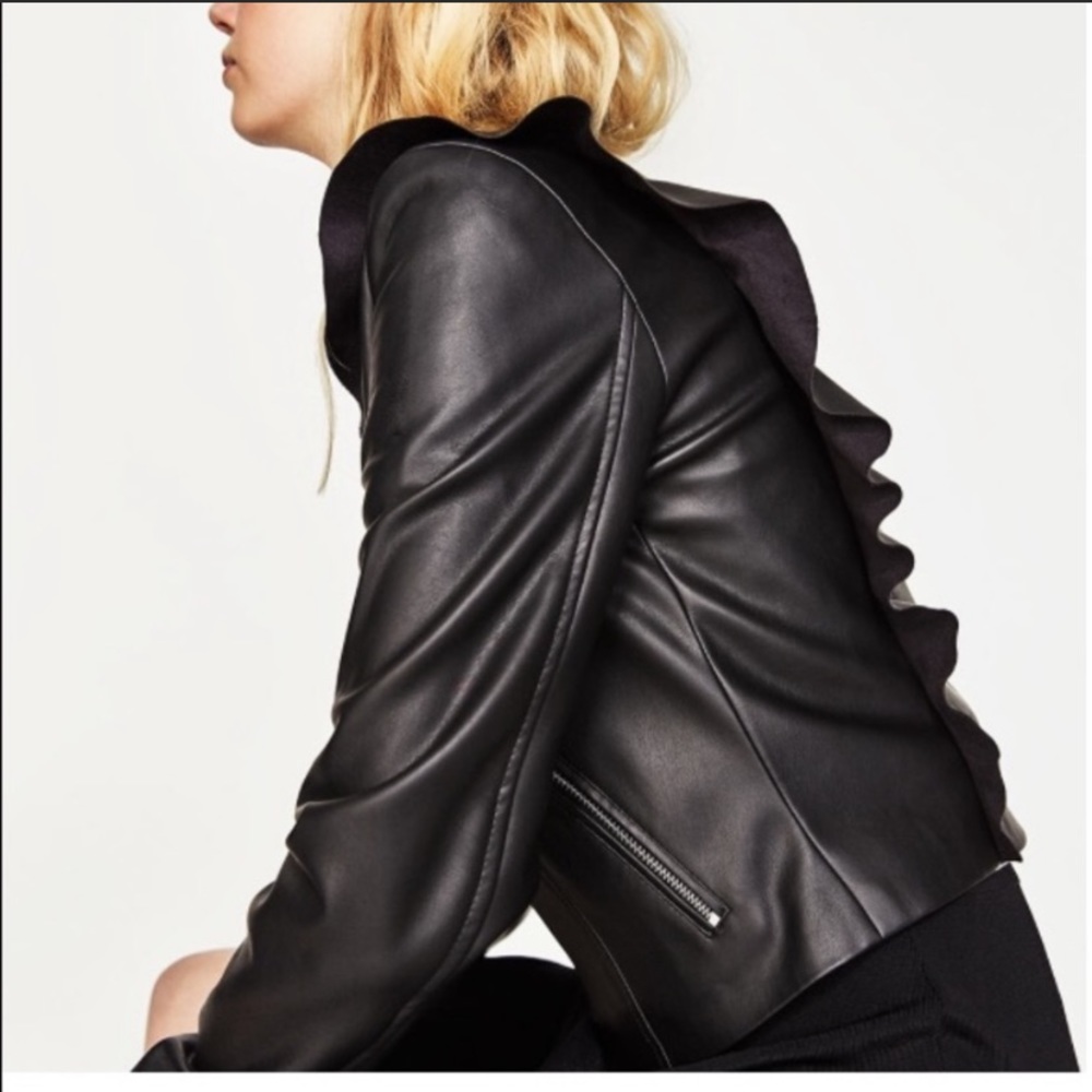 Zara biker faux leather jacket ruffles